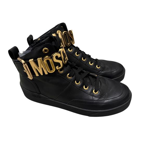 Moschino Black Leather High Top Boots Gold Logo Chain Lace Up Sneakers main image 4